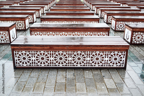 “benches in front of Blue mosque Istanbul,Turkey” Stock photo and