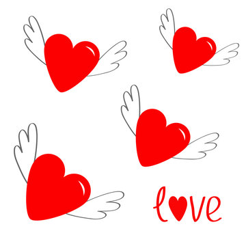 Red heart set with wings. Cute cartoon contour sign symbol. Winged shining angel hearts. Flat design style. Love greeting card. Isolated. White background.
