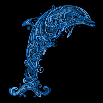 Abstract vector blue Dolphin of patterns on a black background