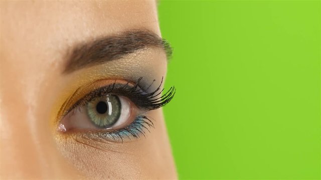Girl with bright beautiful make up, visagiste artist shows his professionalism. Close up. Green screen