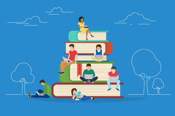 E-learning concept illustration of young people using laptop and tablet pc for distance studying and education. Flat design of guys and young women sitting on the books and reading for self education