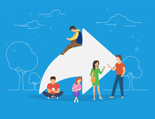Share symbol concept illustration of young people using mobile smartphone for sharing posts in social networks. Flat people addicted to posting images and news sitting on big symbol