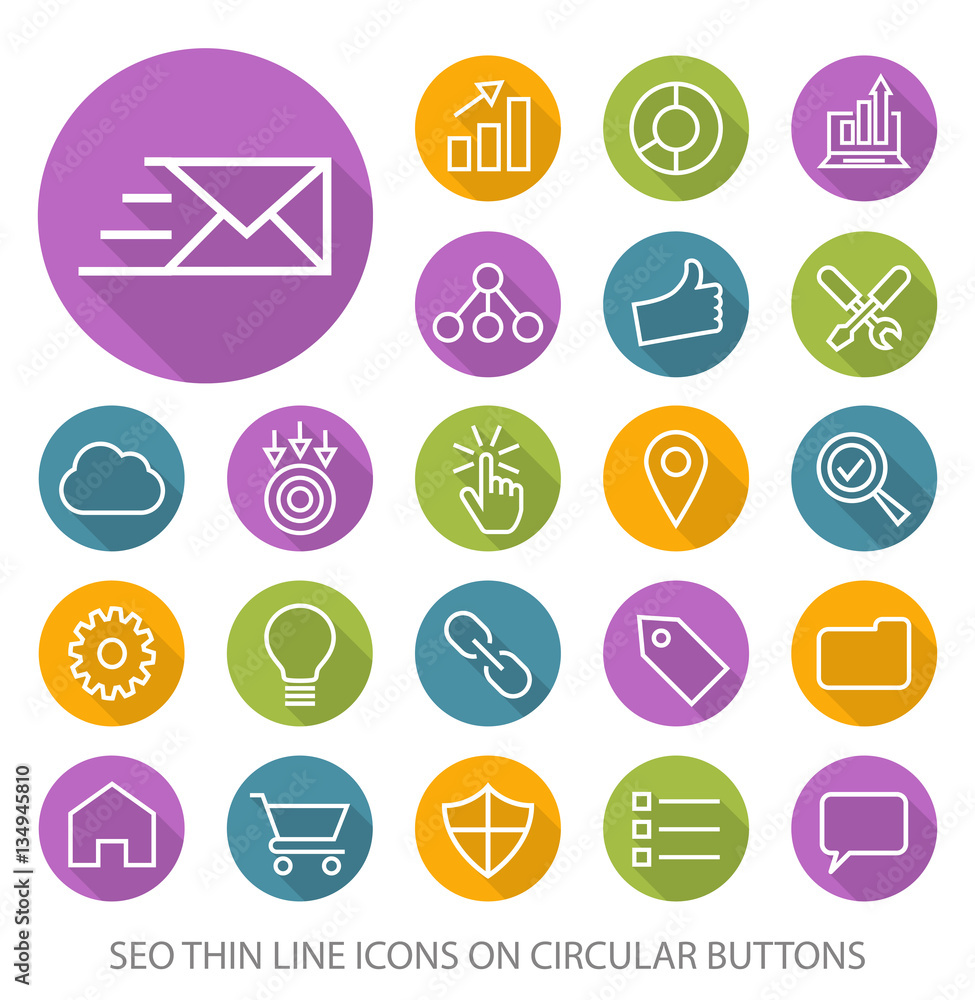 Poster group of elegant universal white seo minimalistic thin line icons on circular colored buttons on whi