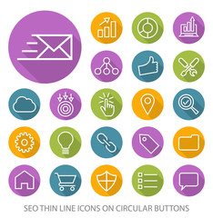 Fototapeta premium Group of Elegant Universal White SEO Minimalistic Thin Line Icons on Circular Colored Buttons on White Background