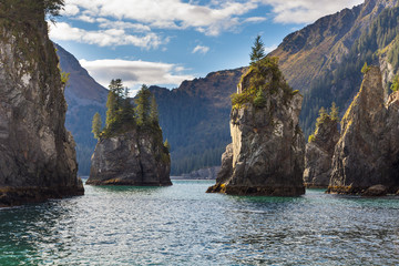 Spire Cove located within Kenai Fjords National Park. Wildlife Cruise around Resurrection Bay, Alaska, USA. - 134947683