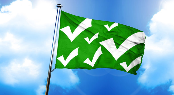 Approved tick with smooth lines flag, 3D rendering