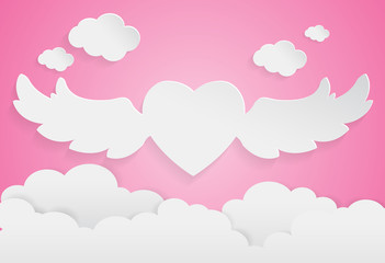 happy valentine day,heart shape on sky, Paper art style.