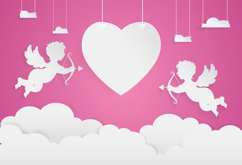 happy valentine day,heart shape and cupid on sky, Paper art styl - 134949091