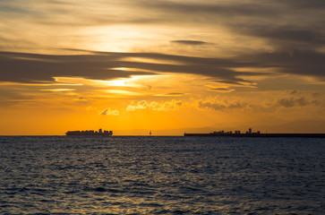 Fototapeta na wymiar Container ship on the horizon and the pier at sunset