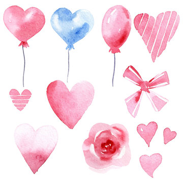 set of watercolor balloon, ribbon, bow, heart, flower