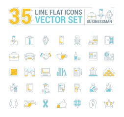 Vector graphic set. Icons in flat, contour, thin and linear design.Businessman and his stuff.Simple icon on white background.Concept illustration for Web site, app.Sign, symbol, emblem.
