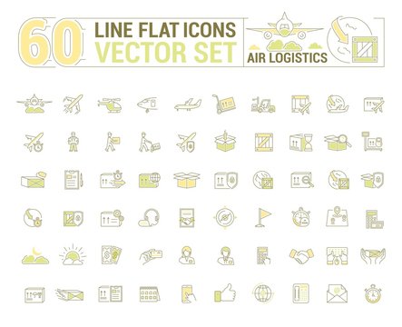 Vector graphic set. Icons in flat, contour, thin and linear design.Air Logistics. Sending freight by air way.Simple icon on white background.Concept illustration for Web site, app.Sign,symbol,emblem.