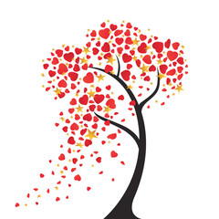 Graphic tree with leaves in shape of hearts and gold stars. Vector illustration