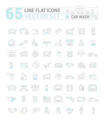 Vector graphic set. Icons in flat, contour, thin and linear design.Car wash. Gear and equipment for washing.Simple icon on white background.Concept illustration for Web site, app.Sign, symbol, emblem.