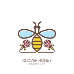 Outline honeybee vector logo, emblem or icon. Linear bee and clover flowers isolated on white background. Concept for organic clover honey package design.