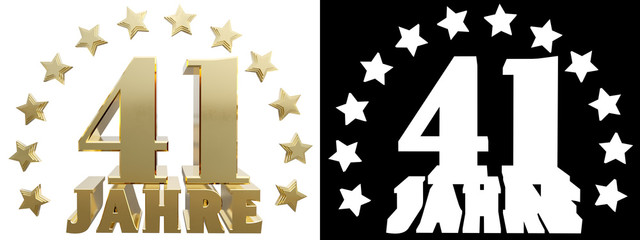 Golden digit forty one and the word of the year, decorated with stars. Translated from the German. 3D illustration