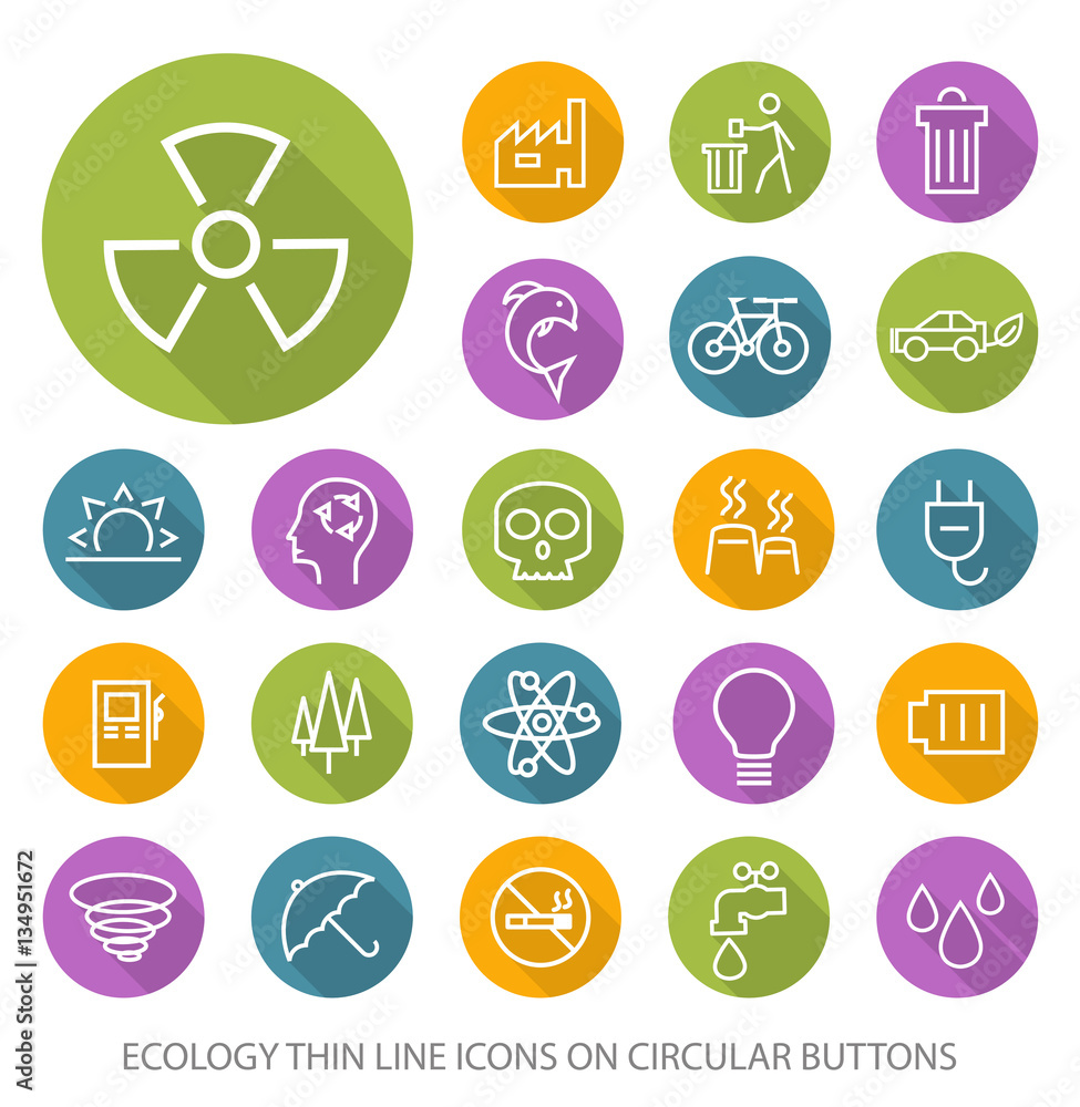Aufkleber set of elegant universal white ecology minimalistic thin line icons on circular colored buttons on w
