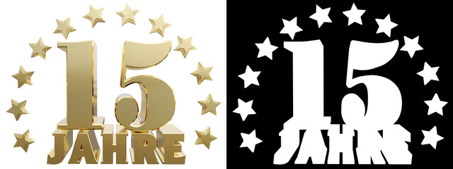 Golden digit fifteen and the word of the year, decorated with stars. Translated from the German. 3D illustration