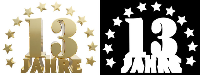Golden digit thirteen and the word of the year, decorated with stars. Translated from the German. 3D illustration