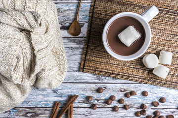 Cup of hot chocolate and marshmallows, top view