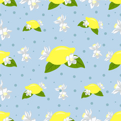 Nice seamless pattern with lemon and lemon flowers on blue background
