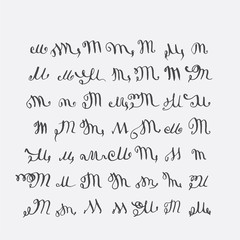 Vector set of calligraphic letters N, handwritten with pointed nib, decorated with flourishes and decorative elements. Isolated on grey black imperfect letters sequence. Various shapes collection.