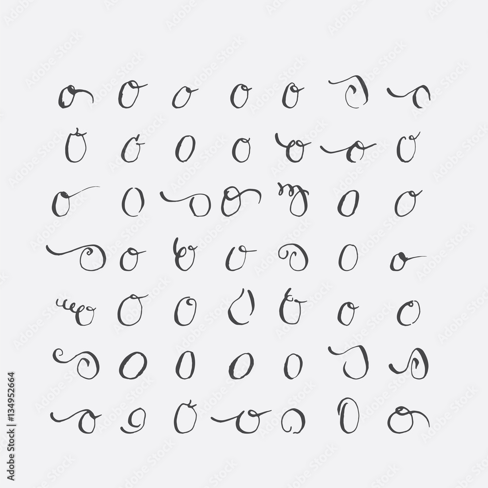 Poster vector set of calligraphic letters o, handwritten with pointed nib, decorated with flourishes and de
