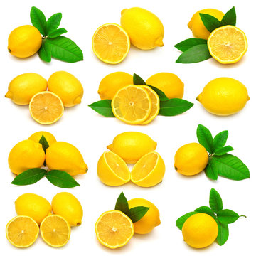 Collection of whole and sliced lemons with leaves isolated on wh