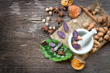 Black Galingale in Mortar Grinder drugs and ingredient herbs