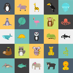 Set of funny color flat animals icons
