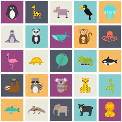 Set of funny color flat animals icons