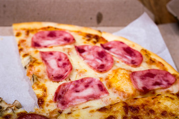 Four taste pizza with pepperoni cheese mushrooms and becon useful for background