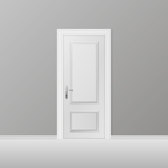 Closed white entrance door. Realistic vector illustration.