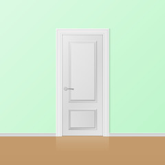 Closed white entrance door. Realistic vector illustration.