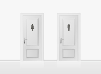 Toilet doors for male and female genders. Realistic WC door. Vector illustration. 