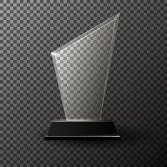 Glass trophy award isolated on transparent background. Realistic vector illustration.