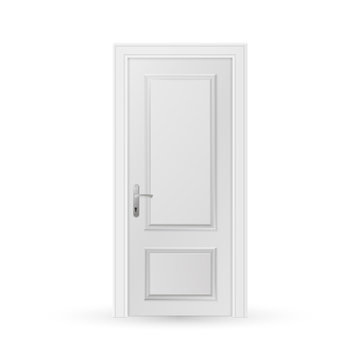 Closed white entrance door isolated on white background. Realistic vector illustration.