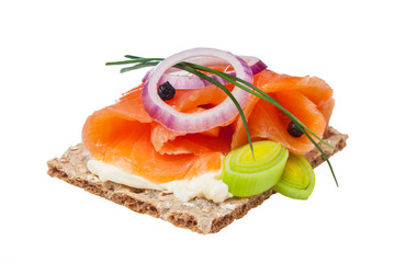 Salmon fillet sandwitch with cream cheese, red onion, leek, chives and pepper, isolated on white...