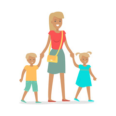 Woman and Two Children Isolated on White. Vector