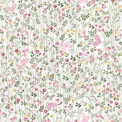 seamless floral pattern with meadow flowers and  butterflies on white background - 134956063