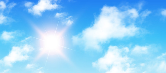Obraz na płótnie Canvas Sunny background, blue sky with white clouds and sun