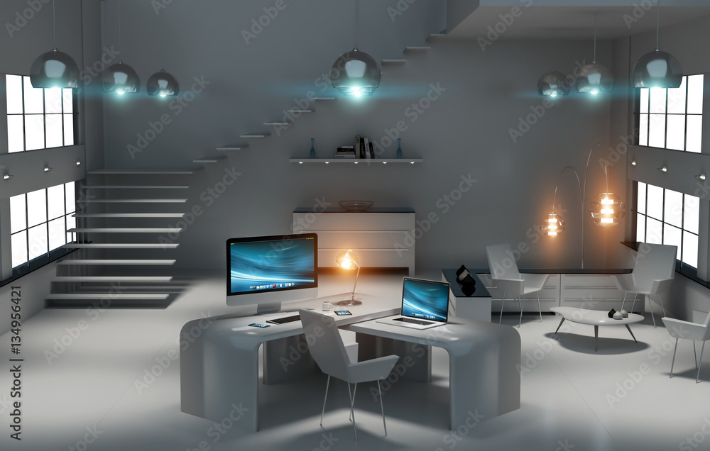 Poster modern dark desk office interior with computer and devices 3d re