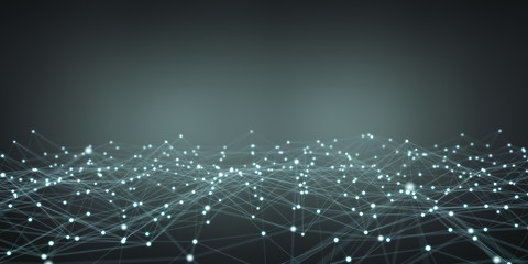 Floating white and blue dot network 3D rendering