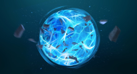 Digital blue exploding superpower ball 3D rendering