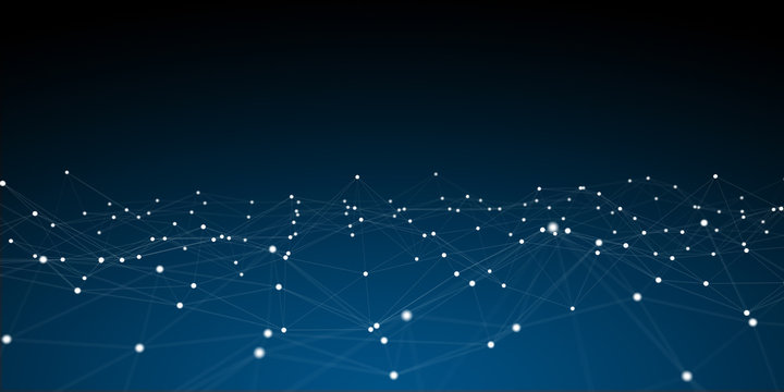 Floating white and blue dot network 3D rendering