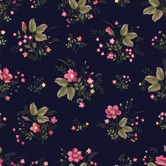 seamless floral pattern with rosrs on dark blue background