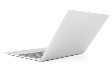 Thin laptop with lid open, back view