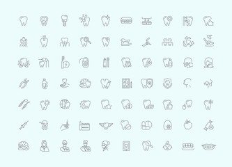 Vector graphic set. Simple isolated Icons in flat, contour, outline, thin and linear design.Dental care and dentist.Dental disease and treatment. Prosthetics, removal. Element, emblem, symbol, logo.