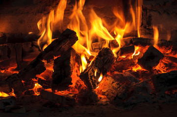heat and flame of fire in the fireplace