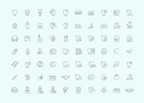 Vector graphic set. Simple isolated Icons in flat, contour, outline, thin and linear design.Dental care and dentist.Dental disease and treatment. Prosthetics, removal. Element, emblem, symbol, logo.